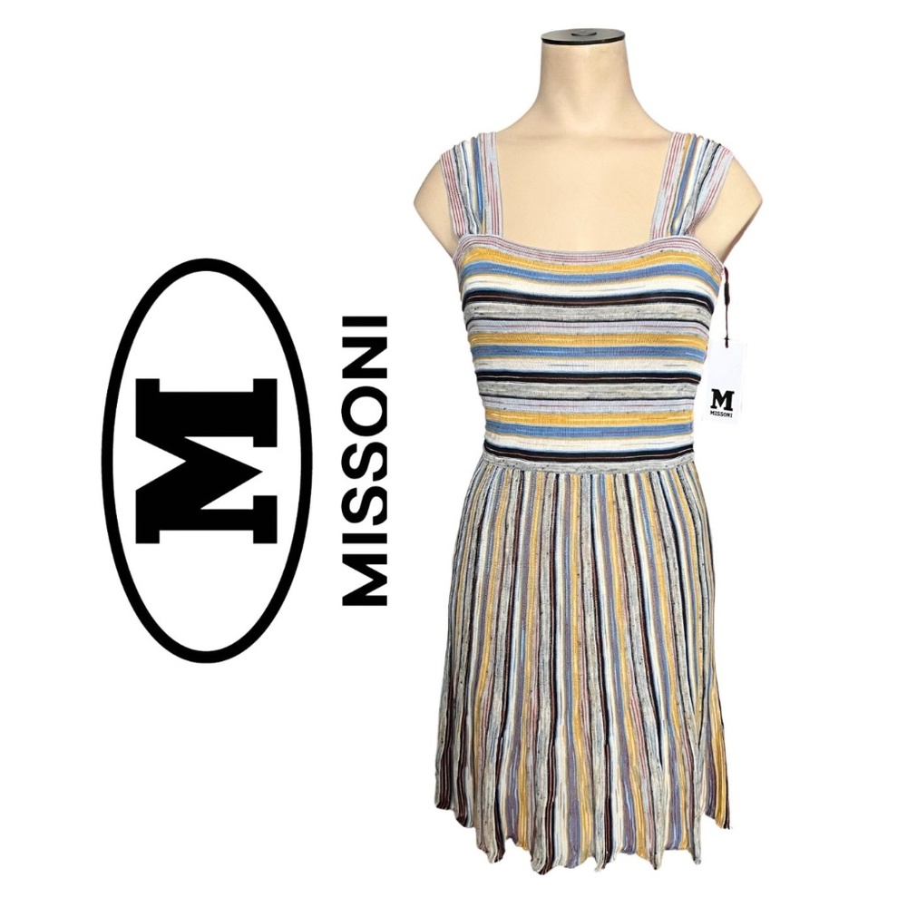 NWT M by Missoni Blue Yellow White Black Knit Dress // Size 40 EU 8 US